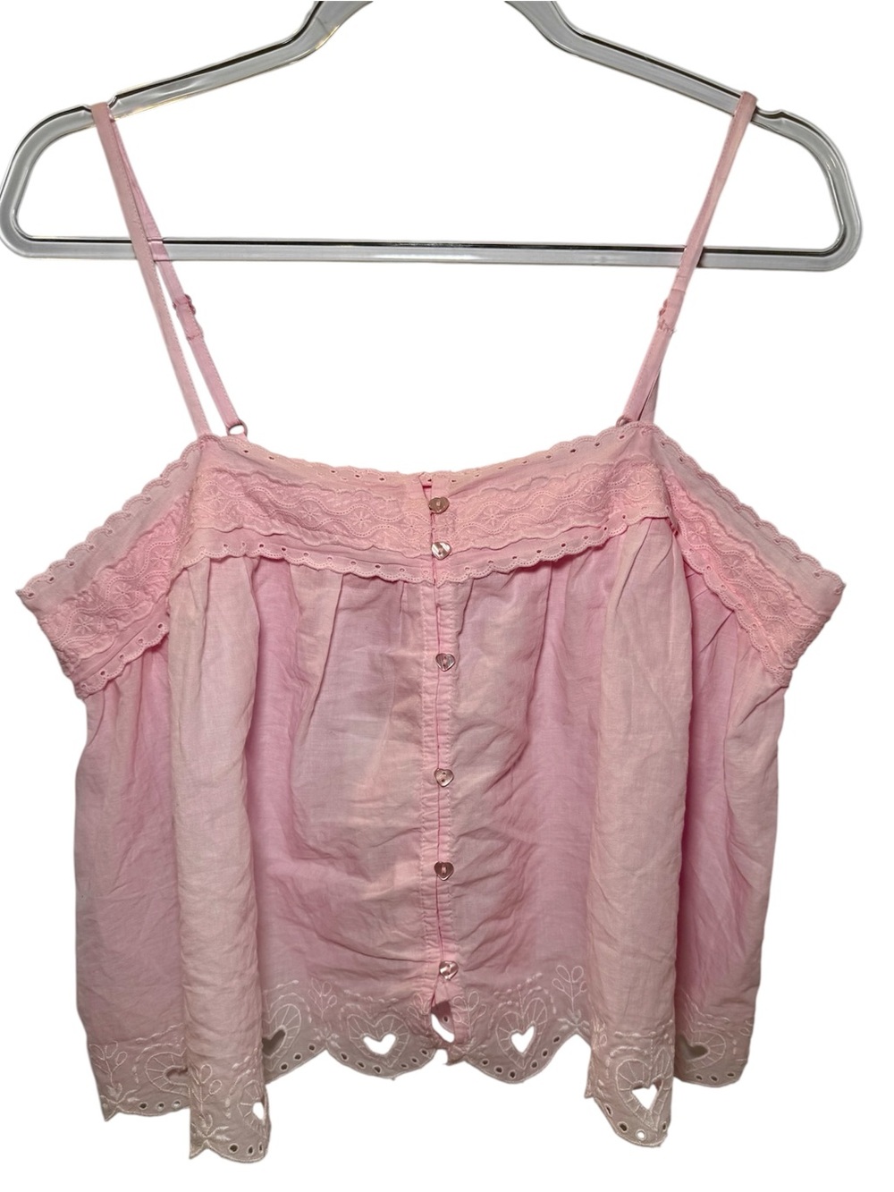 NWT Shabby Chic Pink Lace Camisole Top Heart Eyelet Trim Button Front Boho